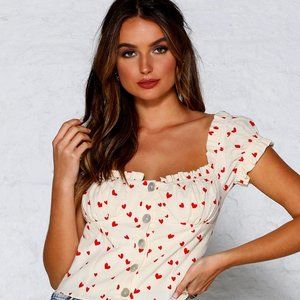 Heart print ruffle off shoulder corset cottagecore square neckline milkmaid top
